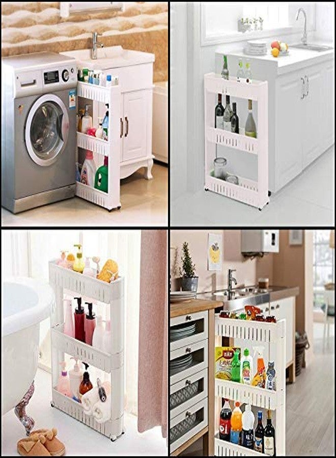 FAYBY رف تخزين جانبي رفيع بثلاث طبقات من فايبي لتوفير المساحة || رف تخزين بلاستيكي متعدد الأغراض رفيع للمطبخ مزود بعجلات للمنزل وغرفة النوم والحمام (أبيض) - Image 4